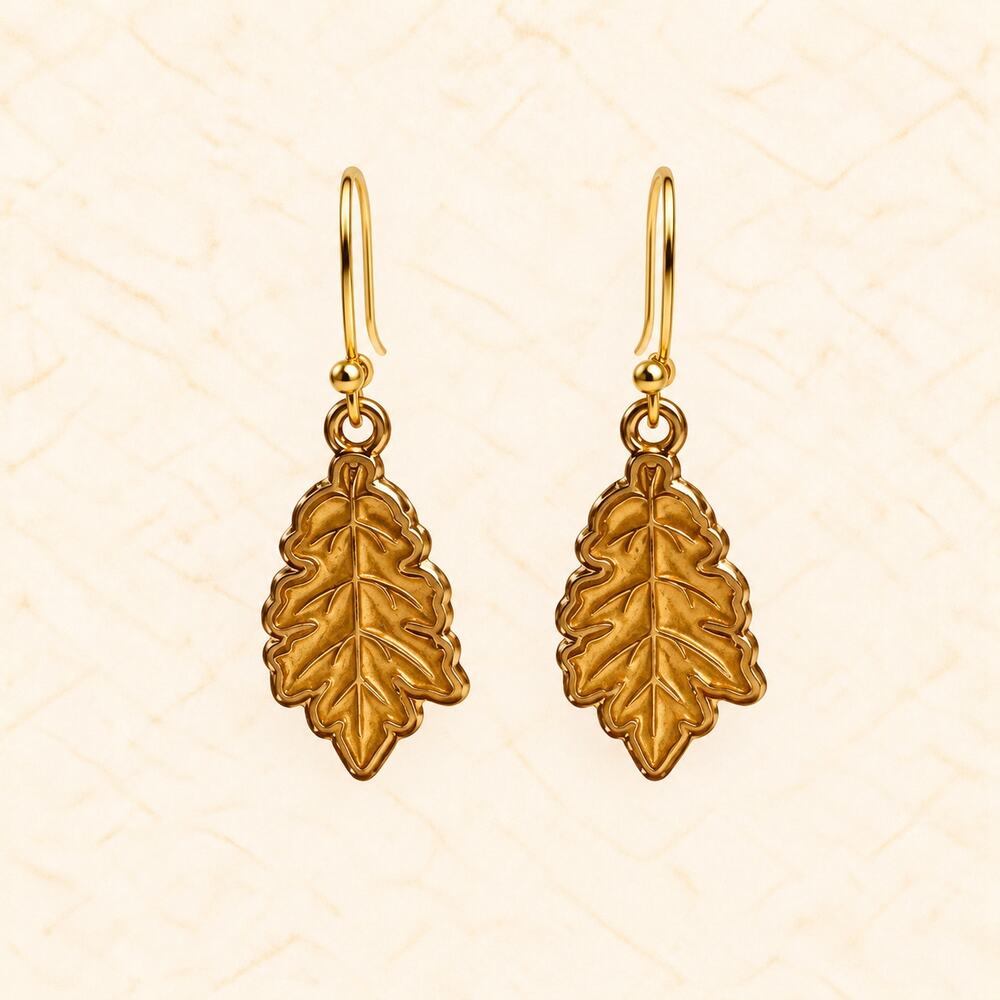 Gold Tone Oak Leaf Dangle Earrings Textured Fall Nature Jewelry E550